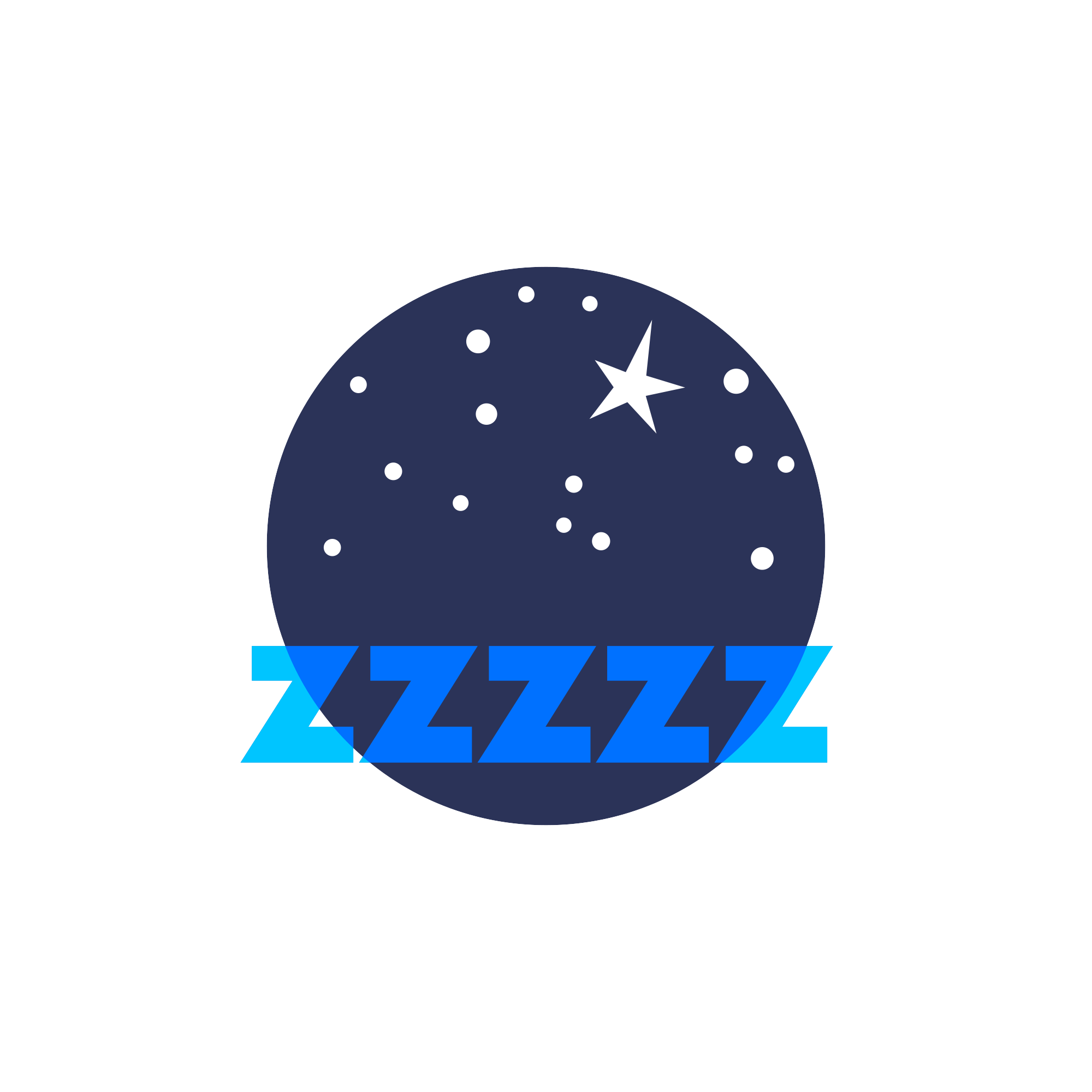 GIF-ul arată un fundal circular albastru închis cu stele albe și un singur astru strălucitor, sugerând o noapte senină. În partea de jos, literele „ZZZZZ” sunt animate, evocând ideea de odihnă și somn profund.